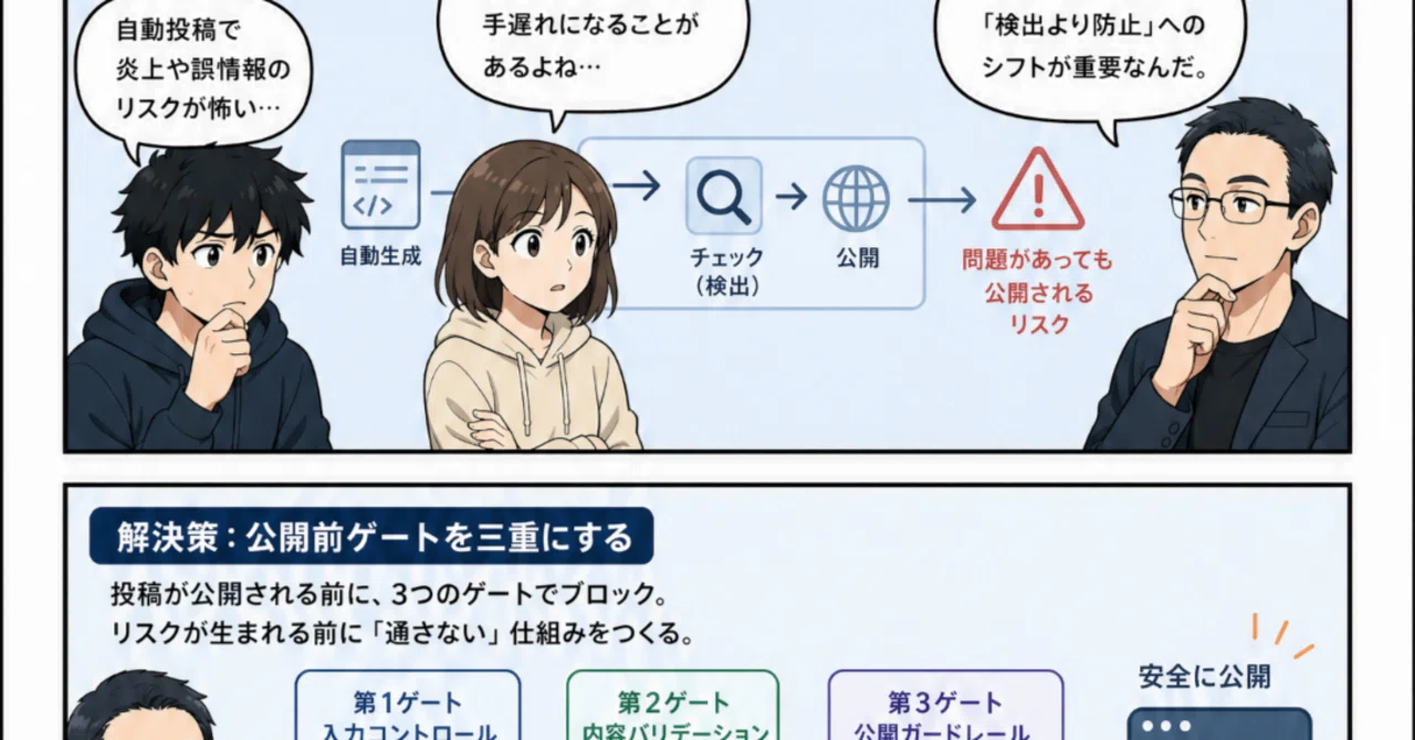 自動投稿の公開前ゲートを三重にする 防止設計の作り方｜D × MirAI