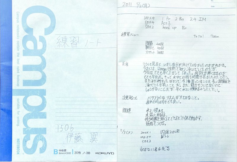 高校水泳 個人練習ノート記録１年から２年序盤まで 伊藤翼 Note