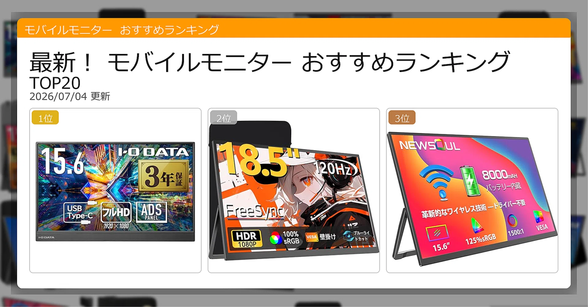 最新！モバイルモニターおすすめランキングTOP20（2026年07月
