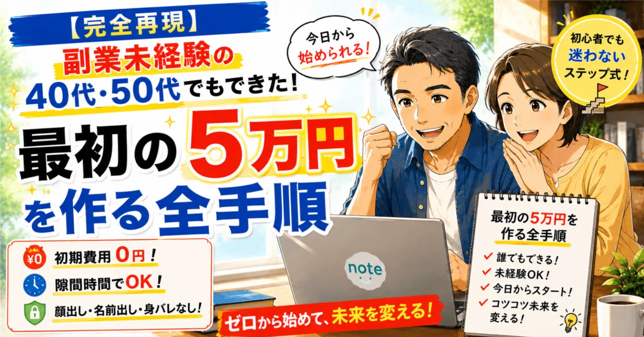 【完全再現】副業未経験の40代・50代でもできた｜最初の5万円を作る全手順｜きったん｜40代・50代のゼロから月５万円を作るリアル副業記録