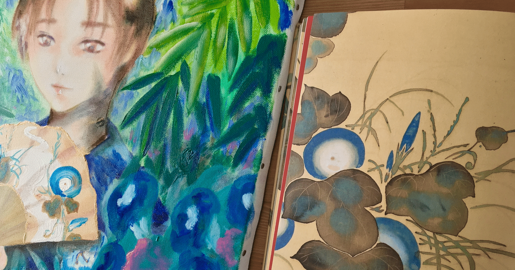 七夕の花ー朝顔の扇子を持つ少年|芸術｜雨星立夏 Rikka Amahoshi / 絵画