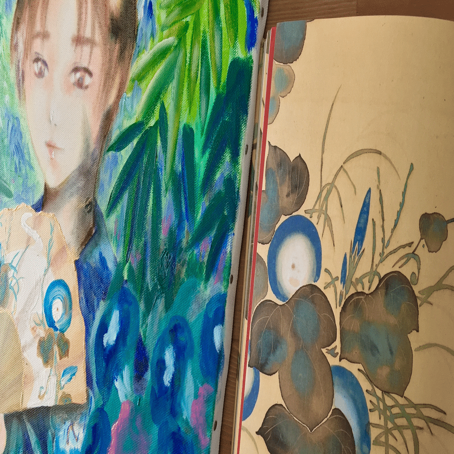 七夕の花ー朝顔の扇子を持つ少年|芸術｜雨星立夏 Rikka Amahoshi / 絵画