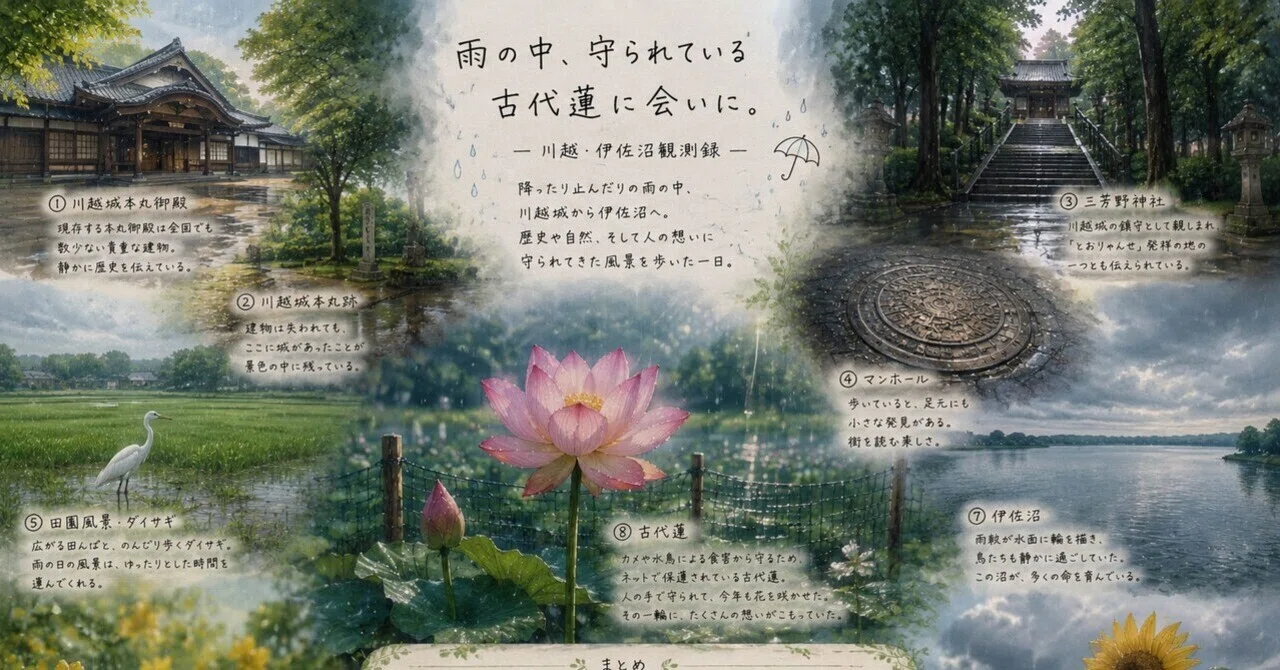 川越　伊佐沼　古代蓮　(水彩画) 雨の中、守られている古代蓮に会いに。― 川越・伊佐沼観測録 ―｜六分儀
