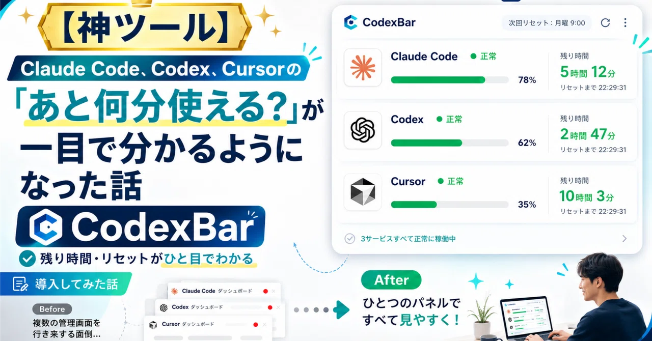【神ツール】Claude Code、Codex、Cursor等の「あと何分使える？」が一目で分かるようになった話｜tomomo