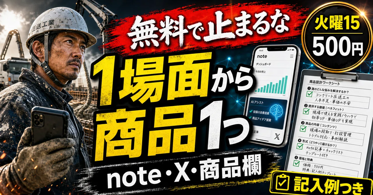 火曜15:00は「1場面→1商品欄 収益化シート」を有料で置け。1読者・1