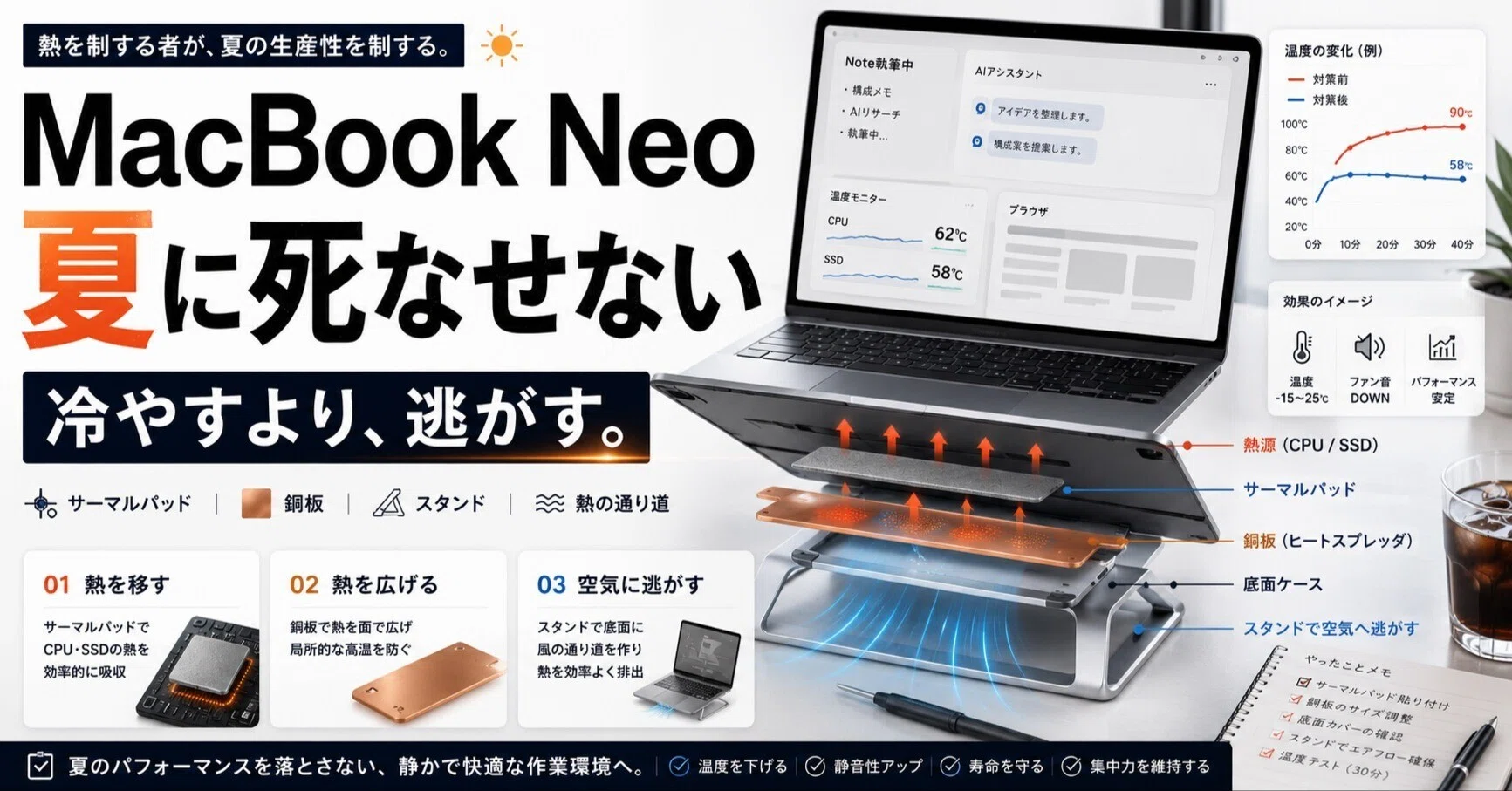 MacBook Neo、夏に死なせない。冷やすより、逃がす。サーマルパッドと