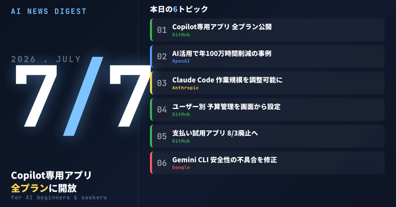 AIニュース7/7】GitHub Copilot専用アプリが全プランに開放、企業向け