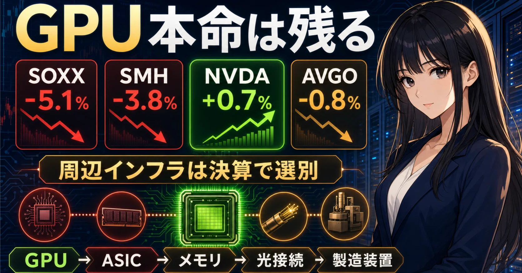 NVDAだけプラス】SOXX-5.1%で見えた、AI半導体を「GPU本命」と「周辺