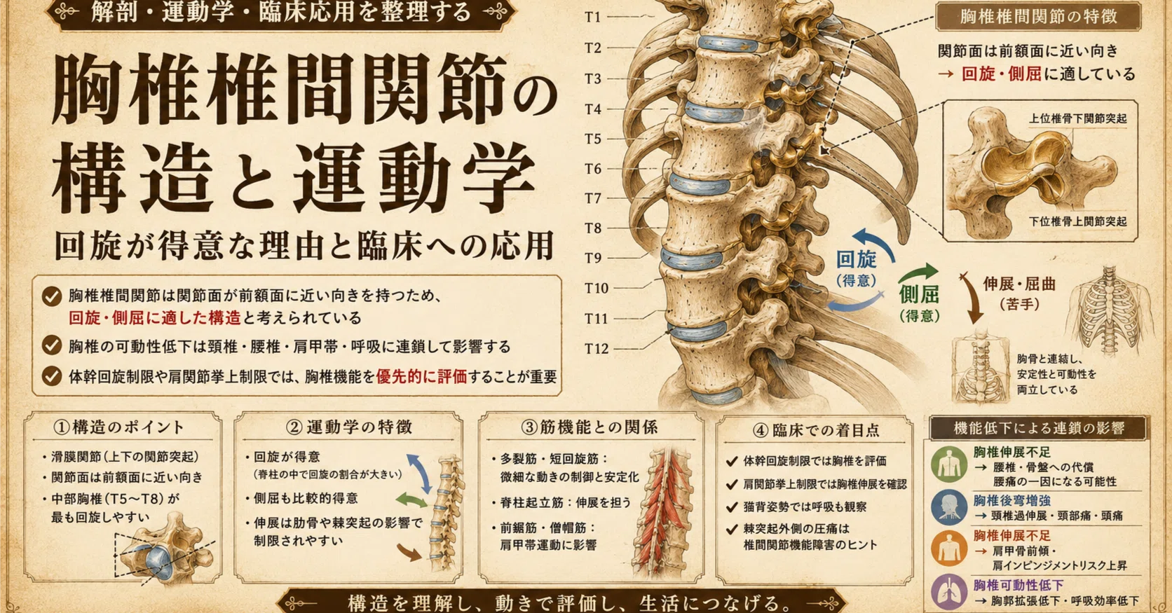 胸椎椎間関節の構造と運動学｜回旋が得意な理由と臨床応用｜療法士活性
