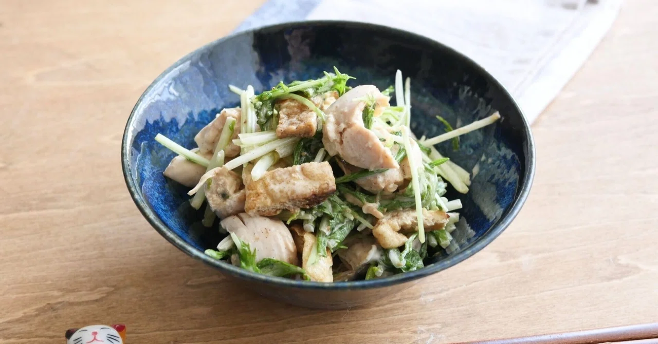 タンパク質が大事！な人へ。ささみと油揚げと水菜のWタンパク質サラダいかが？