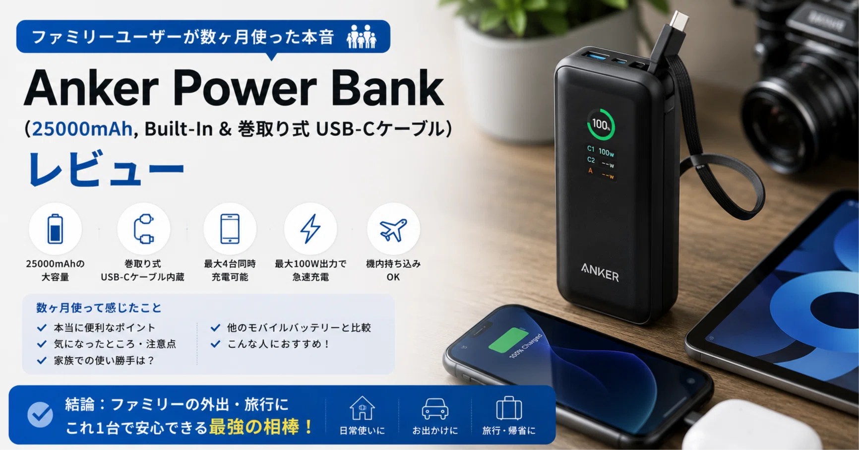 Anker Power Bank (25000mAh, Built-In & 巻取り式USB-Cケーブル