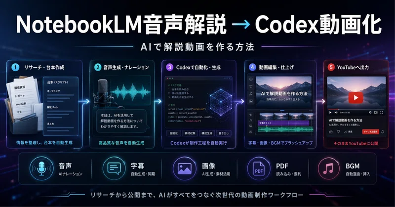 NotebookLMの音声解説から、CodexでYouTube動画を作る方法｜音声・画像・スライドPDF・BGMを統合して、AIで解説動画を自動生成する制作ワークフロー