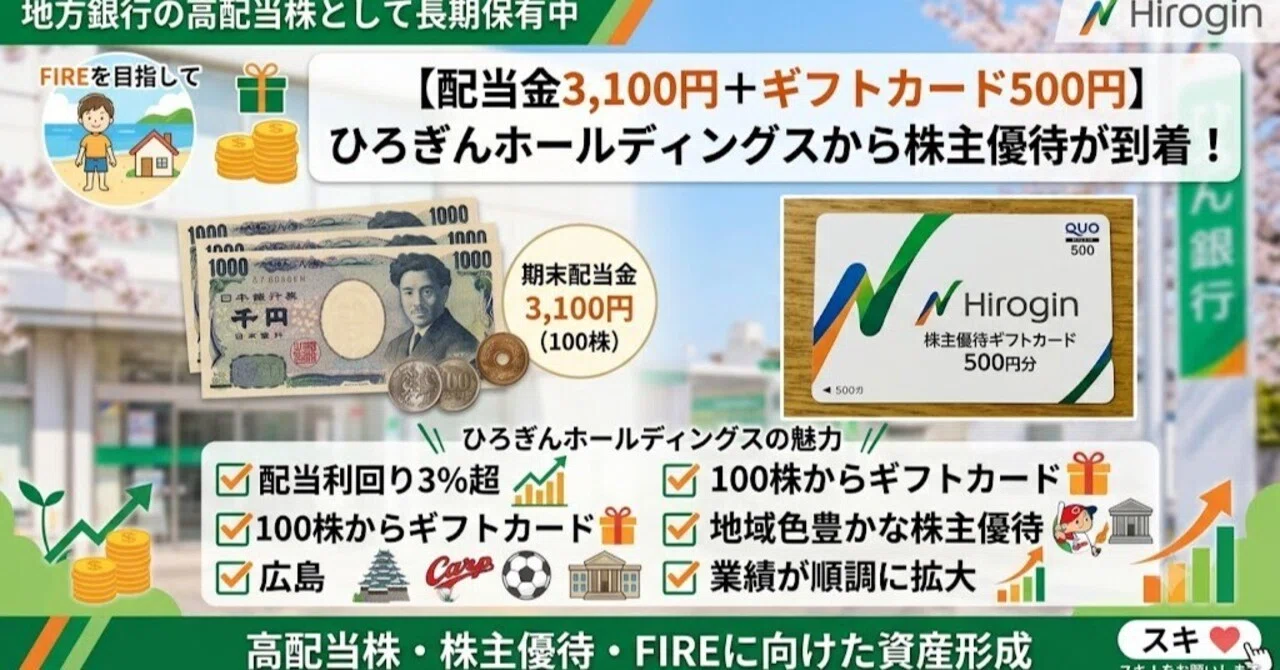 配当金3,100円＋ギフトカード500円】ひろぎんホールディングスから株主