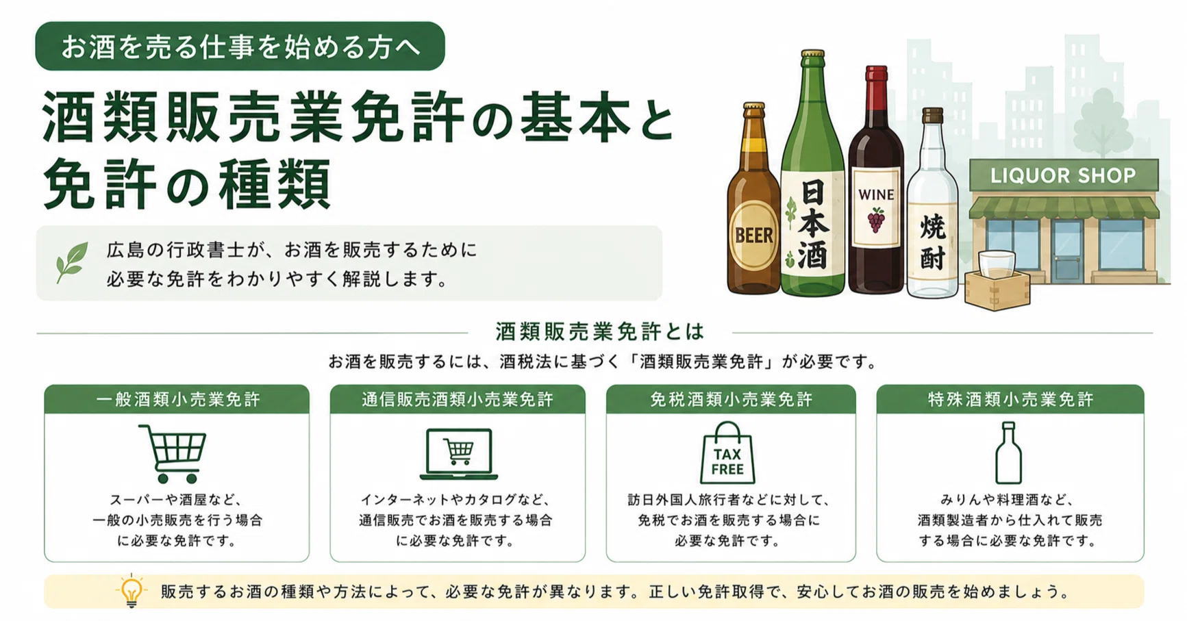 お酒を売る仕事を始める方へ｜酒類販売業免許の基本と免許の種類広島の 