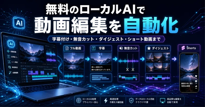 【実践レポート】無料のローカルAIで動画編集を自動化したら、字幕付け・無音カット・ダイジェスト版・ショート動画まで一気に作れた