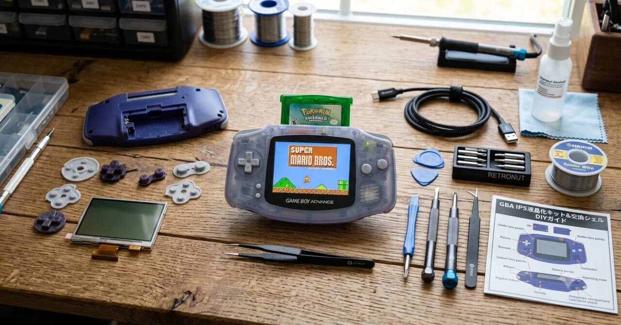 GBA本体　IPS液晶　シェル交換品　蓄光　ゲームボーイアドバンス ハンダなし】ゲームボーイアドバンス（GBA）IPS液晶化キット＆交換