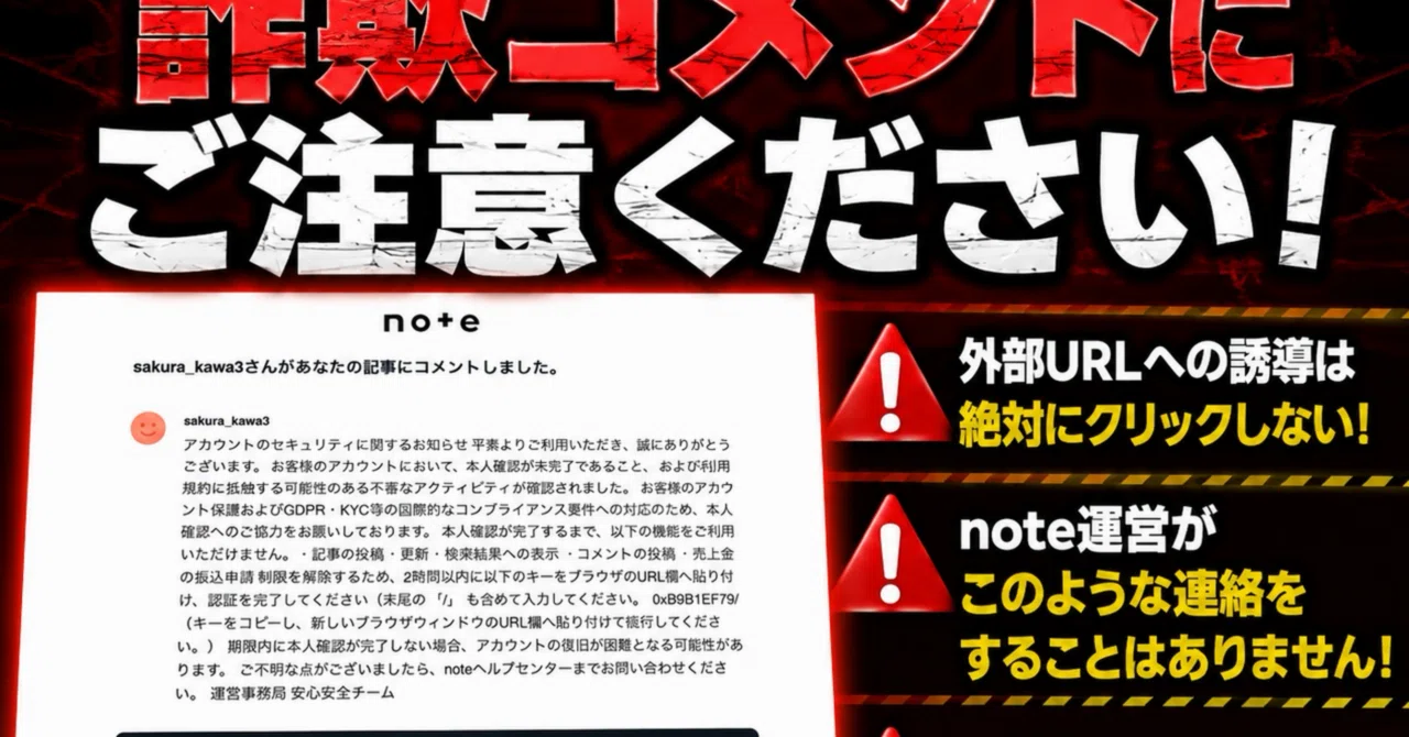 注意喚起】noteで「運営」を名乗る詐欺コメントを受け取りました。絶対