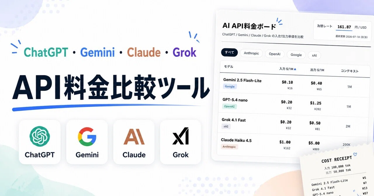 ChatGPT・Gemini・Claude・Grok のAPI料金、1画面で比べられるサイトを