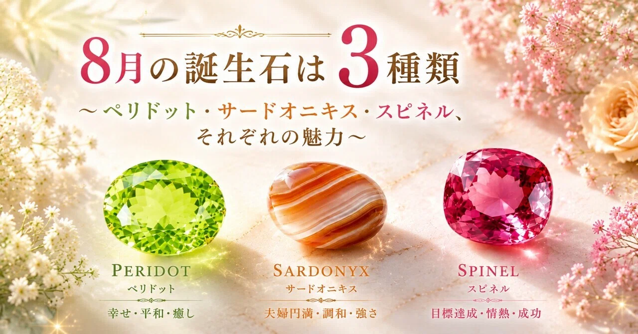 8月の誕生石は3種類〜ペリドット・サードオニキス・スピネル、それぞれ