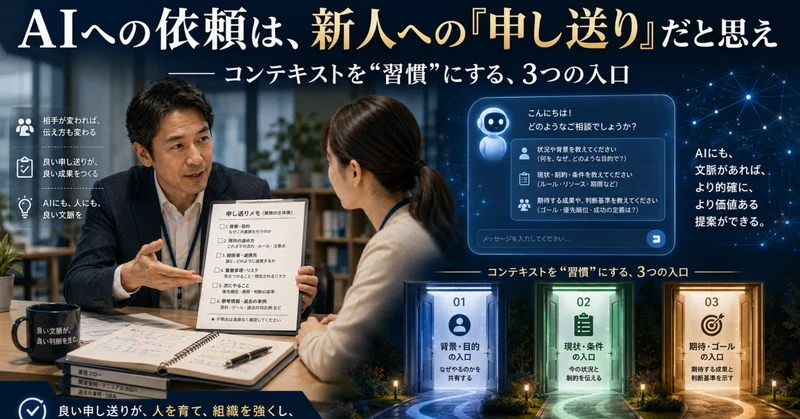 AIへの依頼は、新人への「申し送り」だと思え─コンテキストを“習慣”にする3つの入口 eyecatch