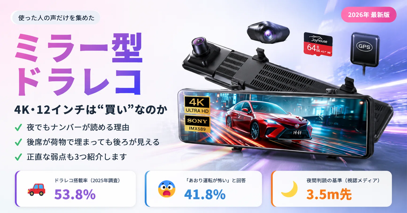 夜でもナンバーがくっきり」は本当？ 4K・12インチのミラー型ドラレコ