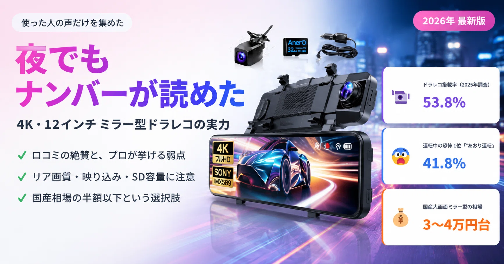 ミラー型ドラレコ】4K・12インチは「夜でもナンバーが読める」って本当