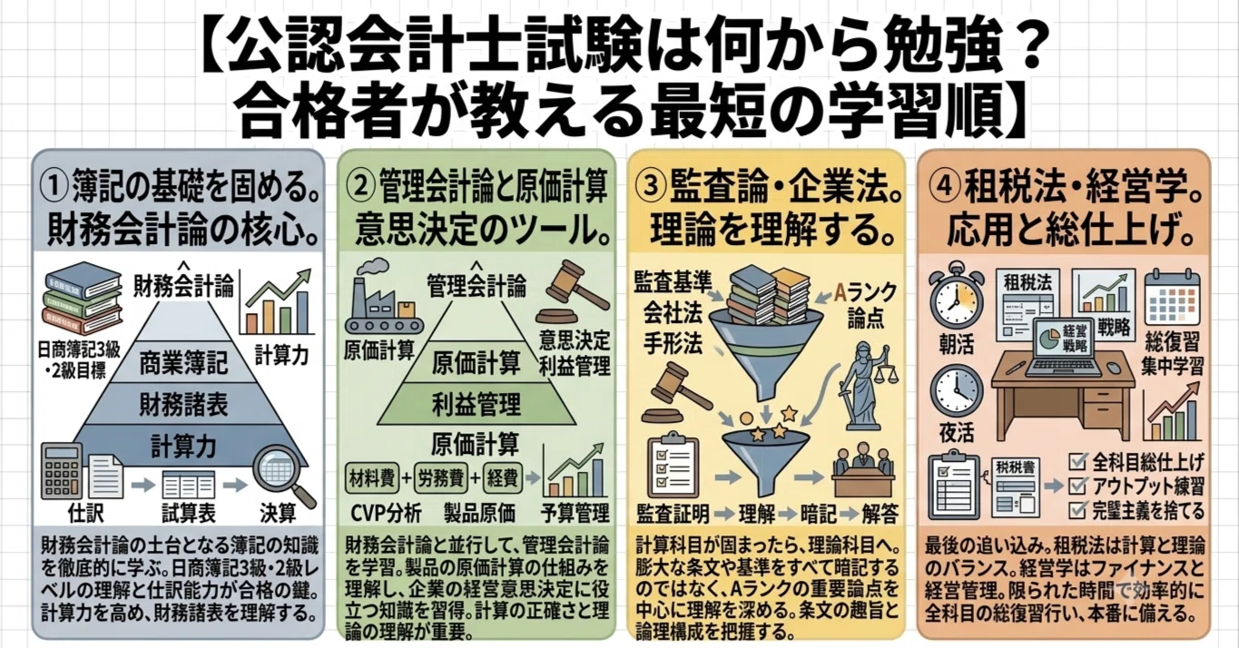 公認会計士 合格するには必須⭐ 公認会計士試験は何から勉強？合格者が教える最短の学習順｜マド〜公認