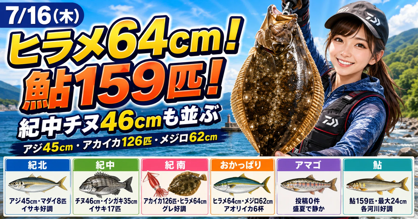 7/16 和歌山釣果】ヒラメ64cm・鮎159匹、紀中チヌ46cmも並ぶ梅雨明けの