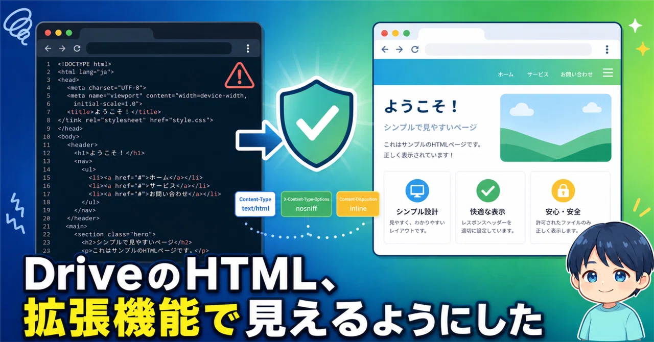 個人開発】Google DriveでHTMLがソース丸見えになる問題、拡張機能で