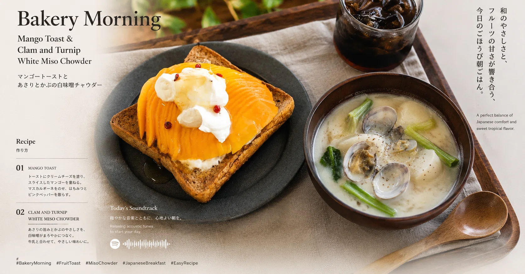 パン屋の朝ご飯／アップルマンゴートーストとあさりとかぶの白味噌