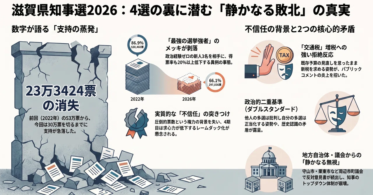２０２６滋賀県知事選挙分析_三日月県政の「静かなる敗北」_４選の陰で失われた２３万票｜サウザー・ソゼ