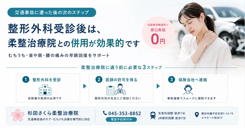 交通事故後、整形外科を受診した後にすること。柔整治療院でできる保険適用の施術と回復の流れ【横浜・磯子区・杉田】