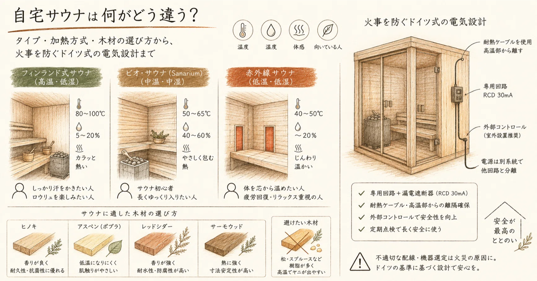 自宅サウナは何がどう違う？—タイプ・加熱方式・木材の選び方から
