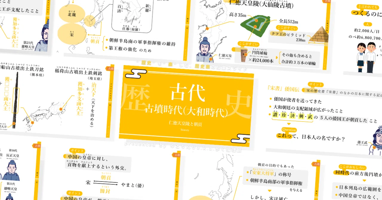 【中学歴史のスライド】「古代(古墳時代)仁徳天皇陵と朝貢」の授業を楽しむための、授業パワポ【指導案・授業案】|ゆとりんり