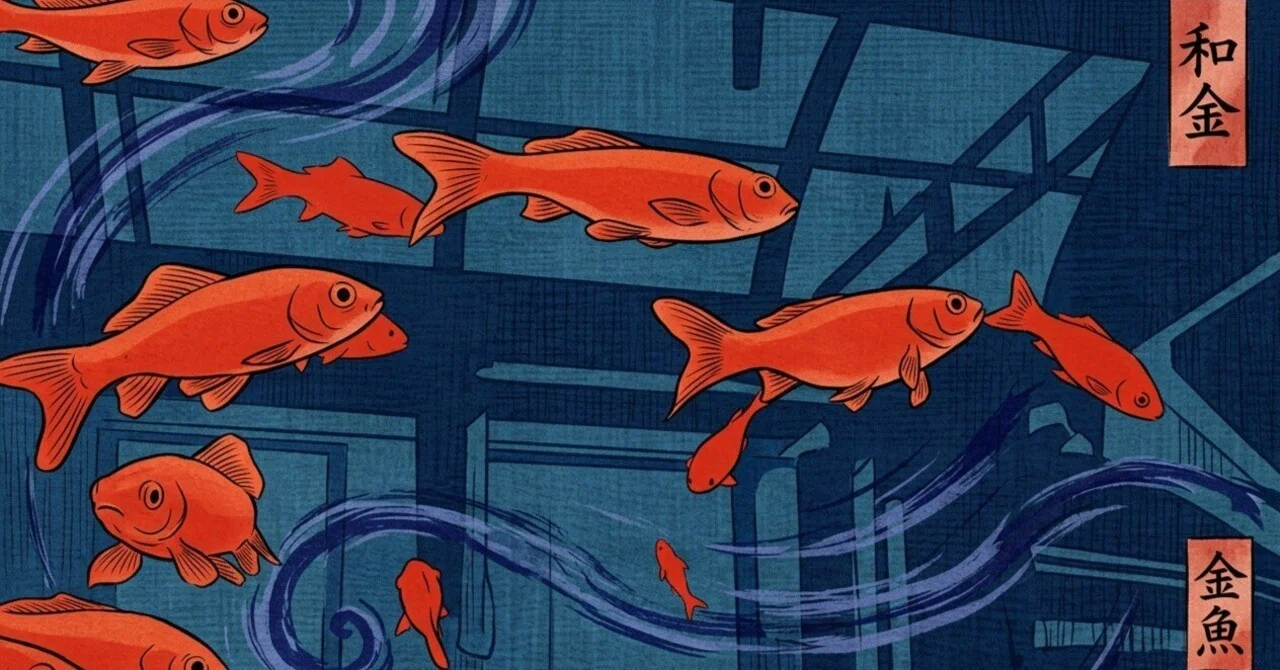 日本画　漆絵版画　紺色麻布　純金箔使用　魚文　1960年　白翁作　12/28 江戸の粋から現代アートへ－時代を彩る「金魚」の歴史と文化｜旅お