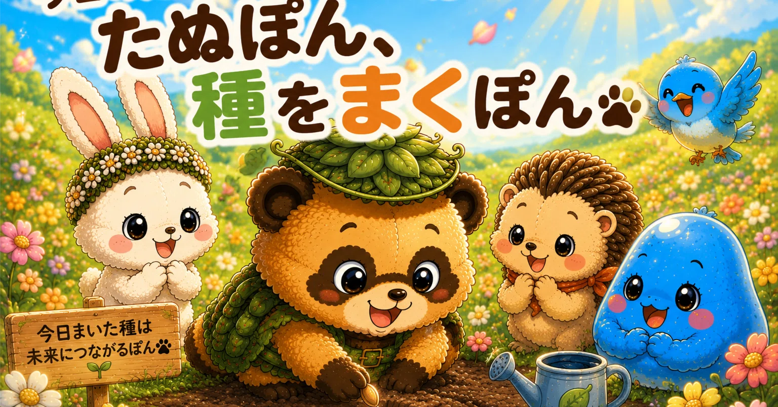 どんぐりアート♡南国タペストリー　ひまわりリース　レインボーたぬきちゃん3点♡ 今日のたぬぽん #137 「たぬぽん、種をまくぽん🐾」｜AI副業