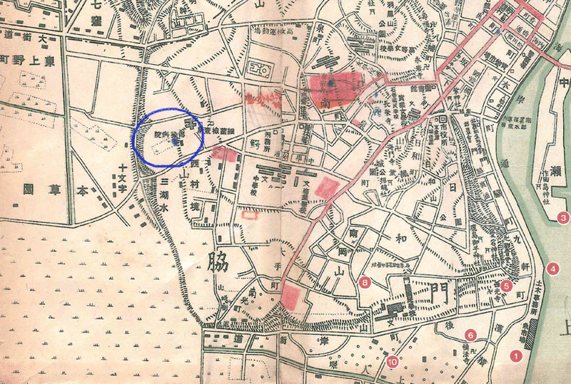 ②古地図　避病院があったところをマーク