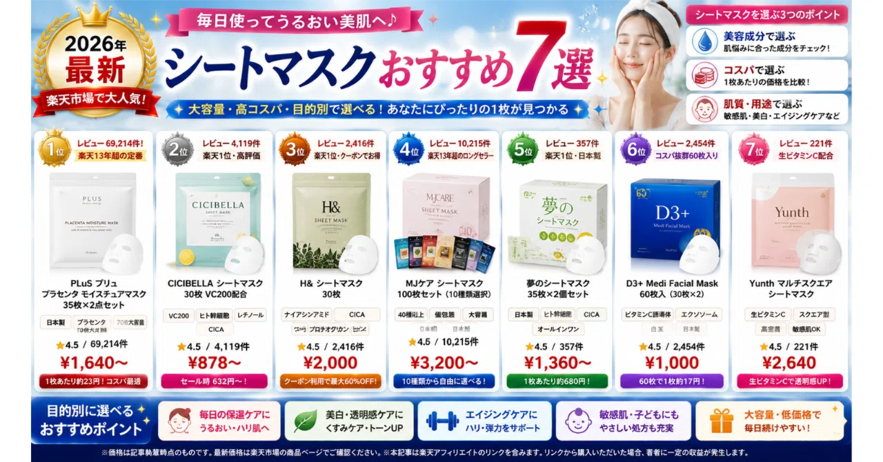 ✨ シートマスクおすすめ7選【2026年夏・大容量・韓国コスメ・日本製