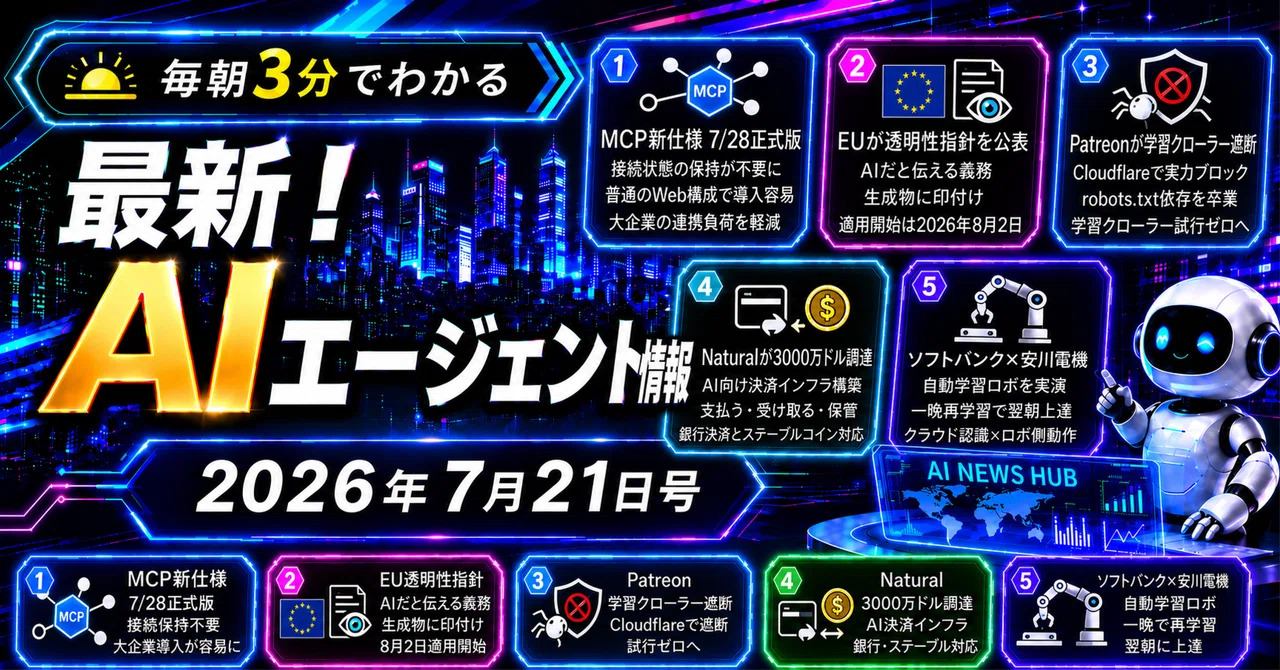 最新！AIエージェント情報 2026年7月21日号｜AIと社内システムをつなぐ