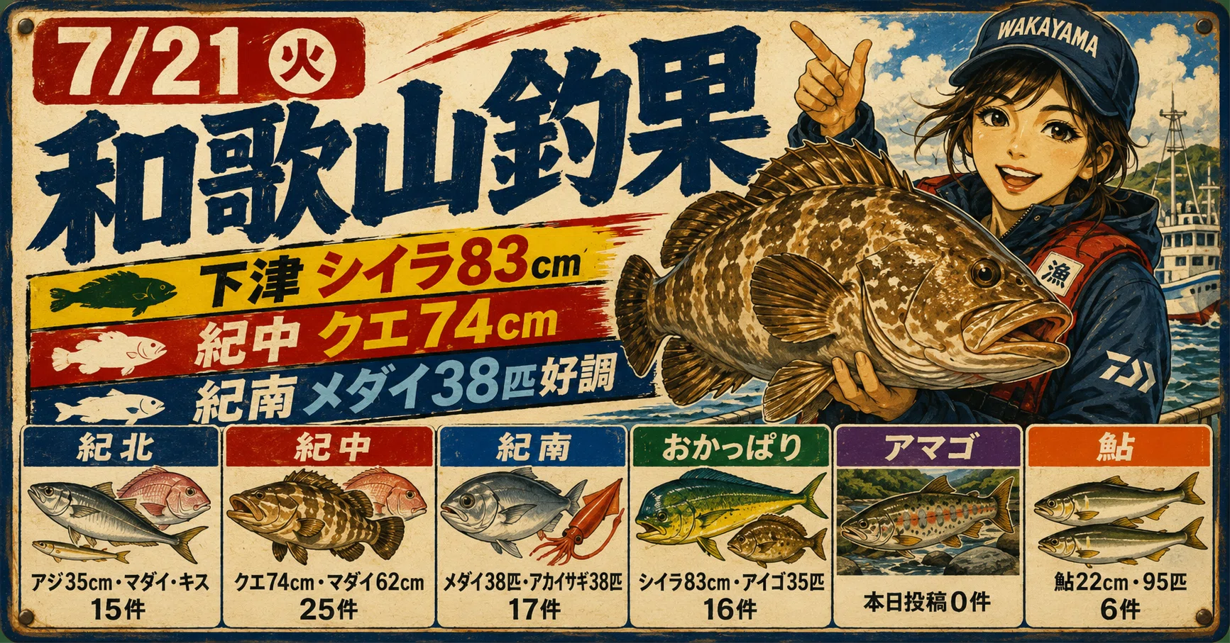 7/21 和歌山釣果】下津シイラ83cm・紀中クエ74cmの大物、紀南メダイ38
