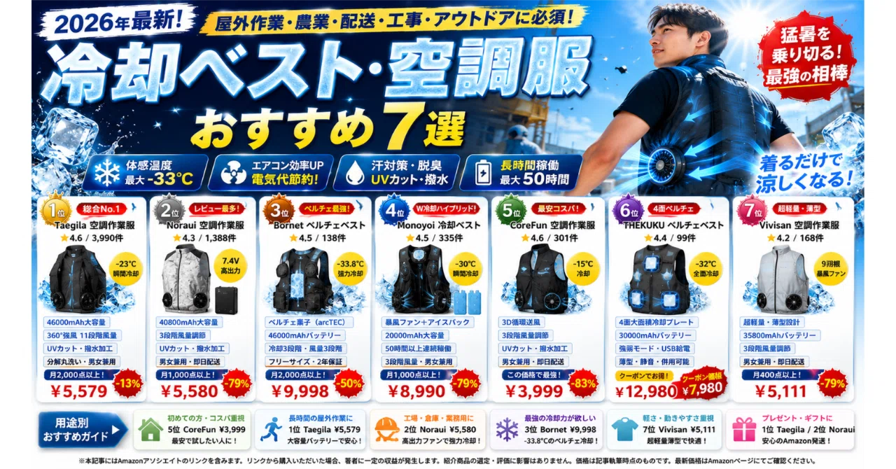 冷却ベスト・空調服おすすめ7選【2026年・ペルチェ素子〜ファン付き