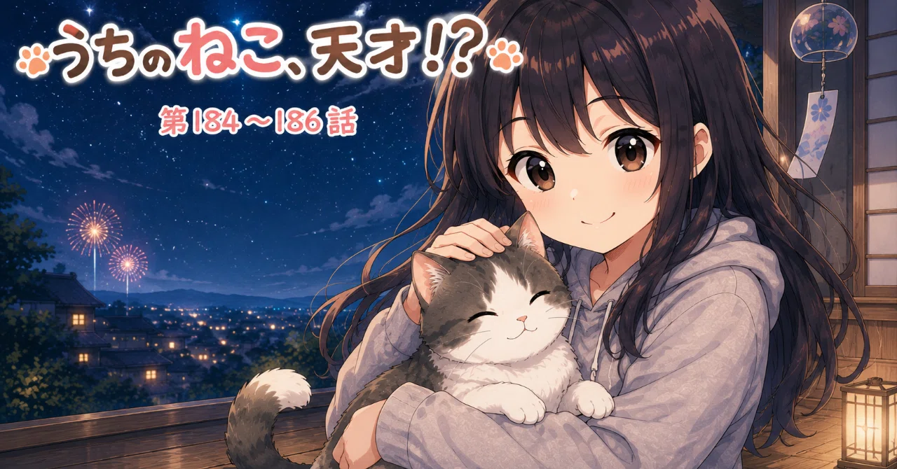 4コマ漫画「うちのねこ、天才!?」第184〜186話：花火大会からの
