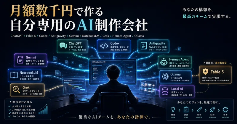 月額数千円を中心に「自分専用のAI制作会社」をつくる｜ChatGPT、Fable 5、Codex、Antigravity、Gemini、NotebookLM、Grok、Hermes Agent、Ollamaを組織として動かす