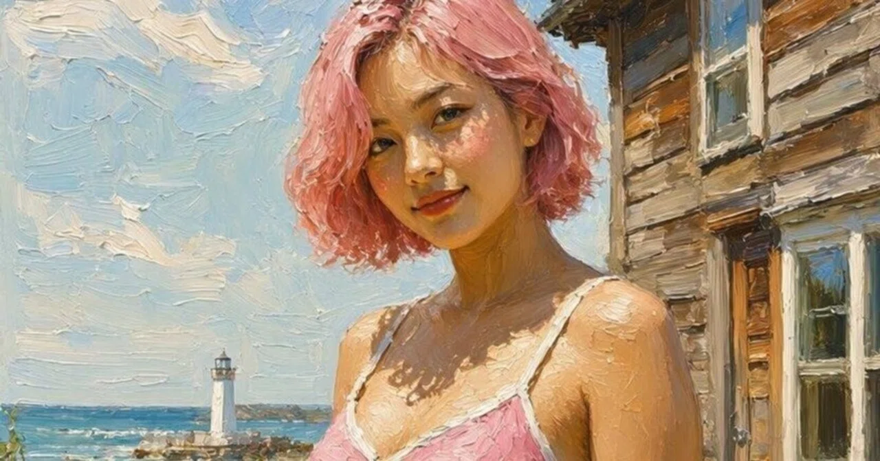 AI画像（油彩画）22才女子、裏庭、海岸灯台、A voluptuous beauty