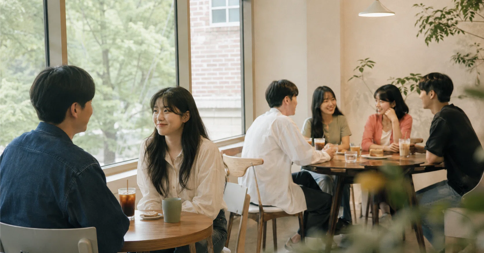 Two people meeting for a Korean blind date called sogaeting at a cafe