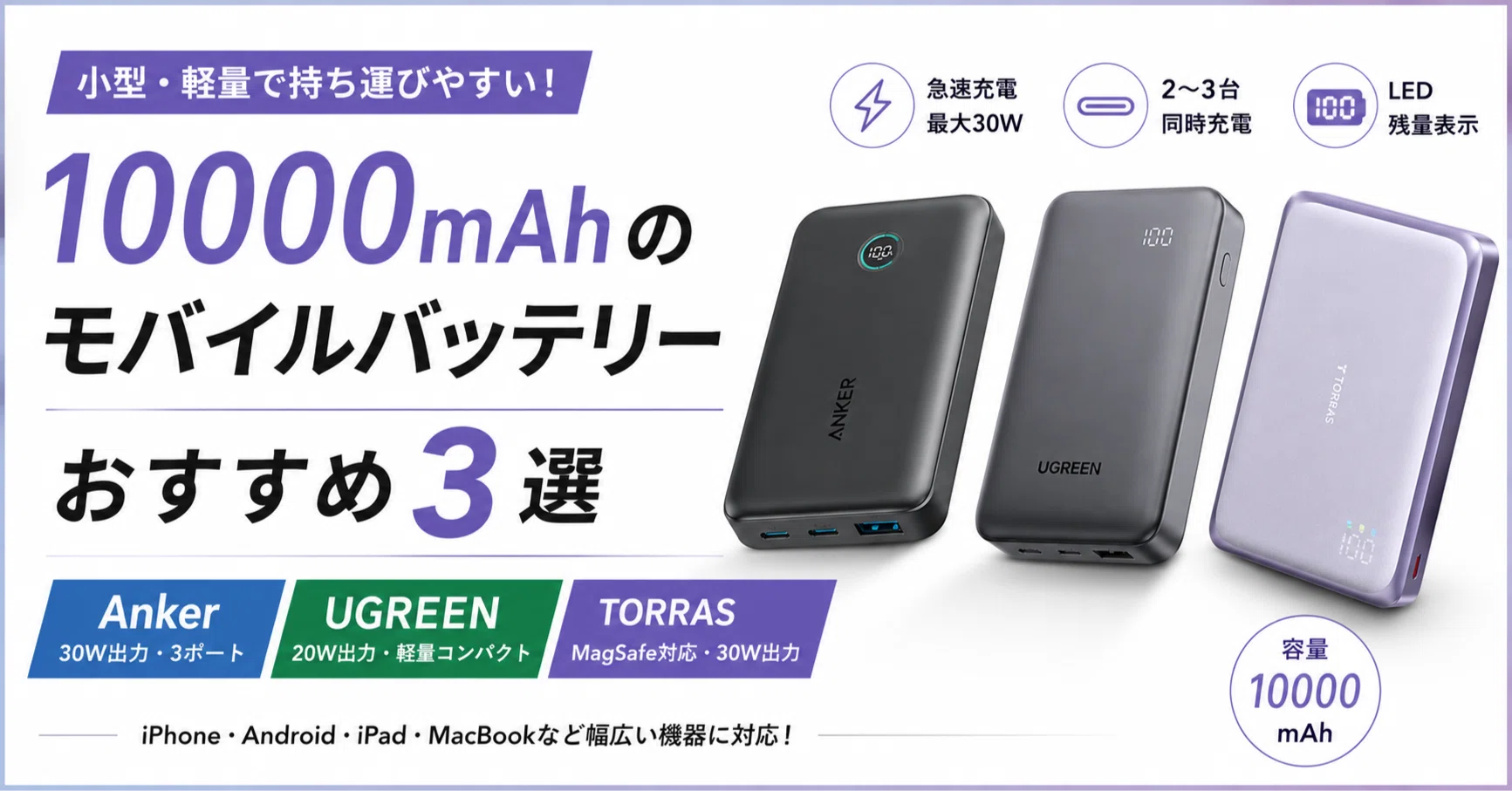 10000mAhで迷ったらこれ！Anker・UGREEN・TORRASおすすめモバイル