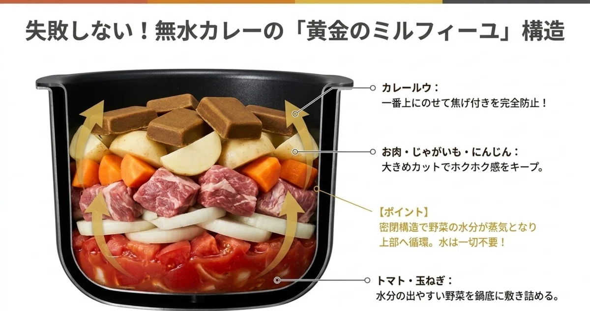 無水カレーの黄金の重ね順を示した内鍋の断面図