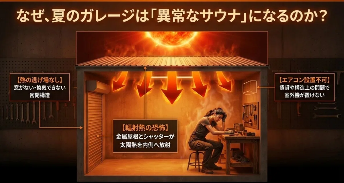窓のないガレージが夏に密閉状態でサウナ化してしまう原因を示した図解