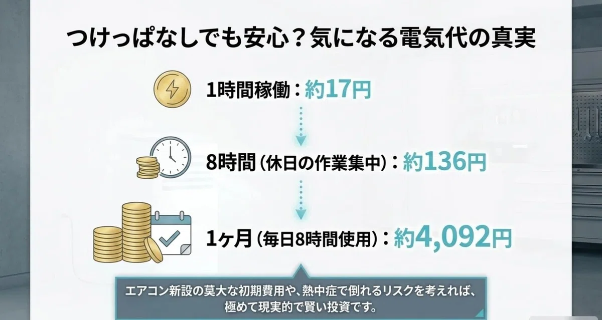 スポットクーラーをガレージでつけっぱなしにした場合の電気代の目安を示した図