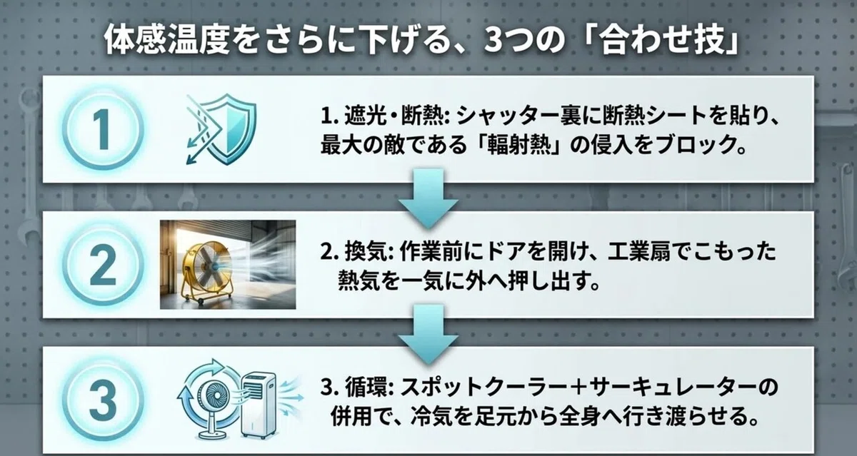 遮光・換気・循環を組み合わせてガレージの体感温度をさらに下げる3つの方法